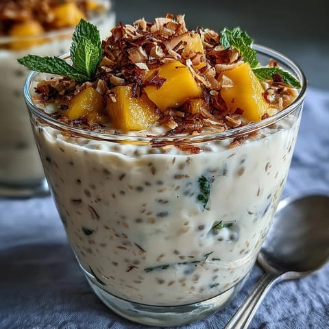 Rich Skyr Protein Chia Pudding topped with fresh, sweet mango chunks.