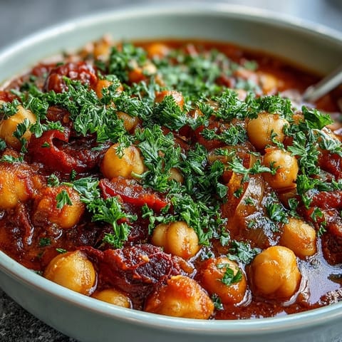 Hearty Spanish chickpea stew with tender vegetables, garnished with fresh parsley.