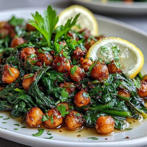 Vibrant Easy Spinach and Chickpea Tapas dish glistening with garlic, drizzled with sherry vinegar.