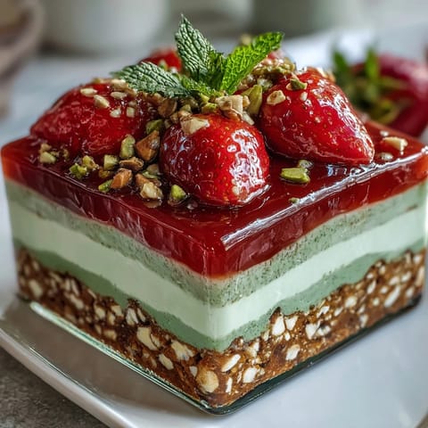 A vibrant Pistachio Strawberry Pretzel Jello Salad with layered textures.
