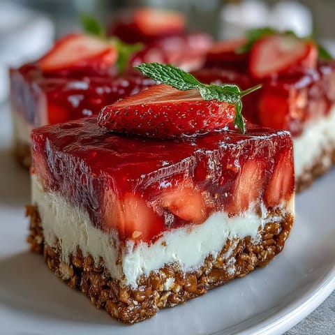 Strawberry Pretzel Jello Salad: sweet, salty, creamy layers, fresh fruit, perfect dessert.