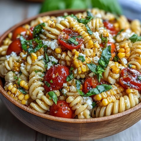 Vibrant Summer Corn and Tomato Pasta Salad bursting with fresh garden flavors.
