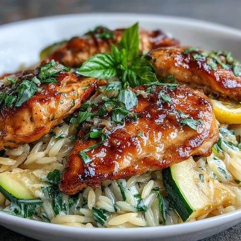 Golden lemon chicken and zucchini orzo, a flavorful one-pan Mediterranean delight.