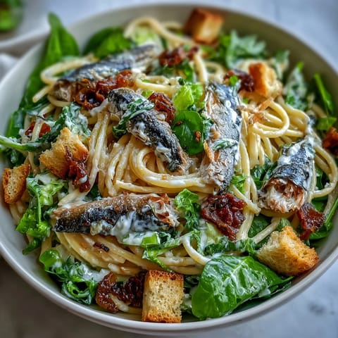 Vibrant Sardine Caesar Pasta Salad featuring tender pasta, flaky sardines, and crisp romaine.