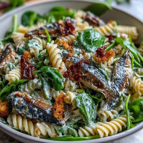 Delicious Sardine Caesar Pasta Salad with creamy dressing and crunchy croutons, ready to serve.