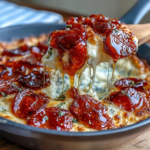 Bubbling Hot Honey Pepperoni Pizza Dip served with crusty baguette slices.