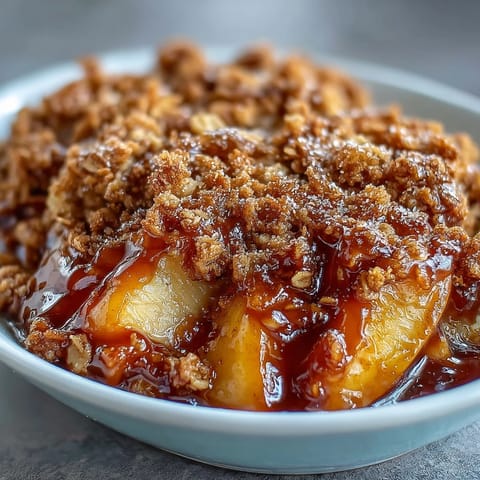 Miso Caramel Peach Crisp with bubbling juicy fruit and golden oat topping.