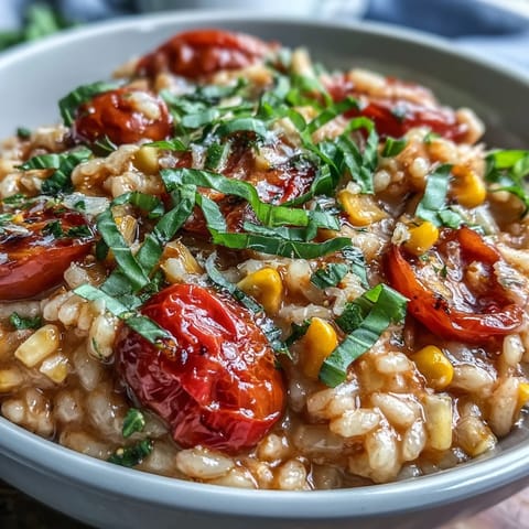 Vibrant Summer Tomato Corn Risotto, creamy with bursts of fresh sweet corn and bright tomatoes.