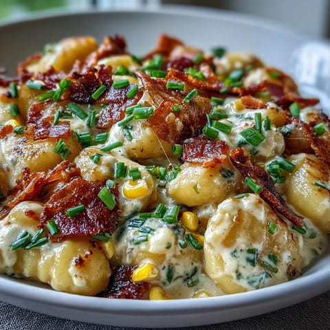 Creamy corn and bacon gnocchi dish, topped with fresh chives and crispy bacon bits.