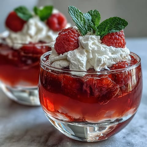 Luscious Raspberry Rose Jello Parfaits layered with fresh berries and cream.