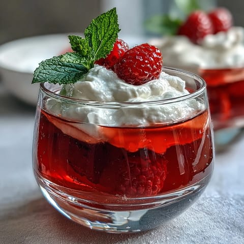 Elegant Raspberry Rose Jello Parfaits dessert on a white table, garnished artfully.