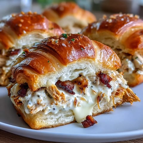 Golden brown chicken bacon ranch croissant sliders with melted cheese, ready to enjoy.