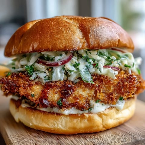 Golden brown Crispy Apple Cider Chicken Sandwich with tangy slaw, ready to be devoured.