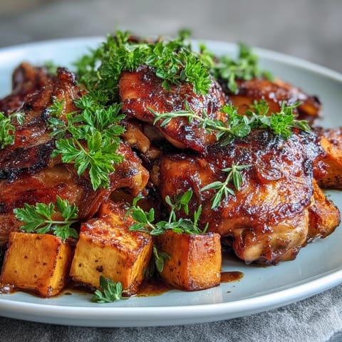 Golden maple pear chicken with tender roasted sweet potatoes, a comforting autumnal meal.