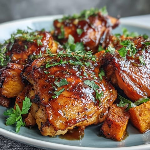 Savory maple pear chicken dish, nestled with caramelized sweet potato cubes, ready for dinner.
