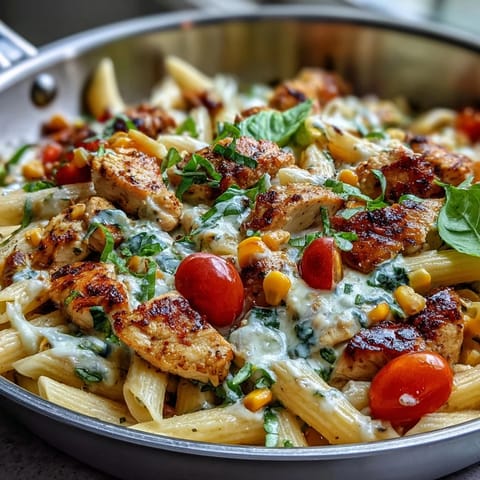 One-Pot Corn Tomato Chicken Pasta bursting with colorful ingredients, ready to serve.