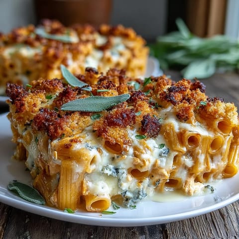 Creamy Pumpkin Chicken Pasta Bake with golden bubbly cheese and panko topping.