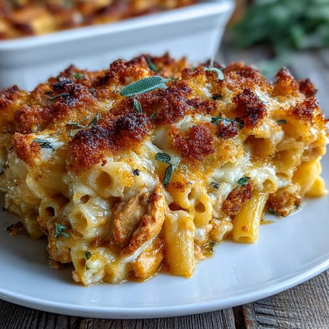 Comforting baked pasta dish, featuring tender chicken and savory pumpkin sauce.