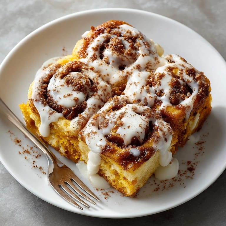 A close-up of a freshly baked Pumpkin Cinnamon Roll Bake, showing the moist interior and sweet glaze.