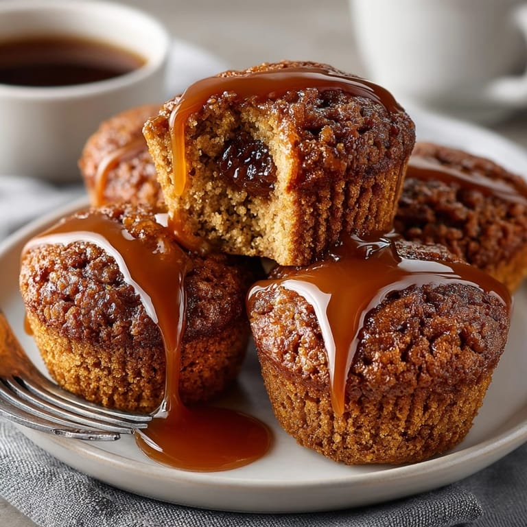 Golden-brown Sticky Toffee Pudding Muffins with visible date pieces and a rich toffee glaze.