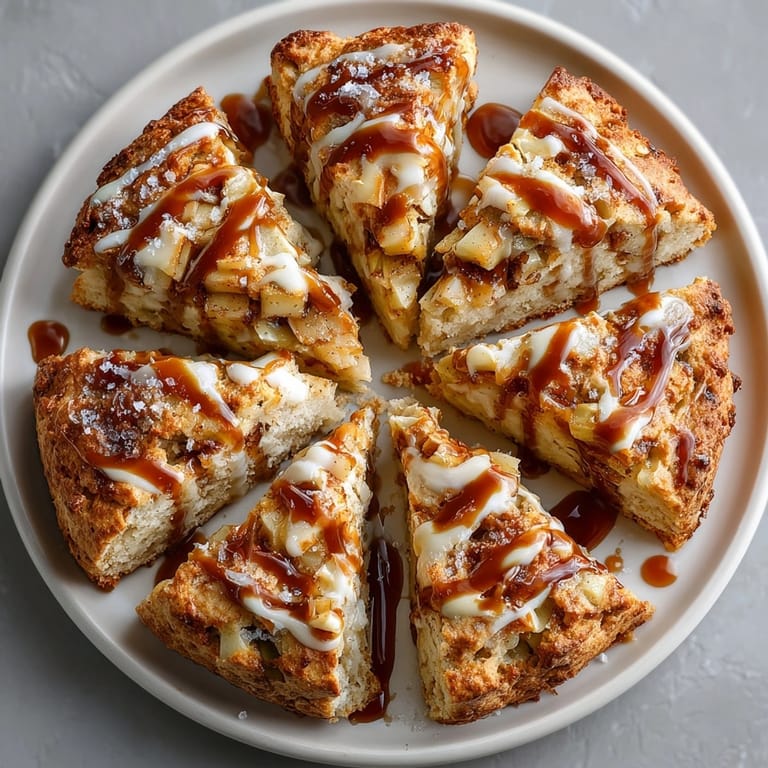 Close-up of a plate of delightful salted caramel apple cinnamon scones, drizzled with rich, sweet caramel.