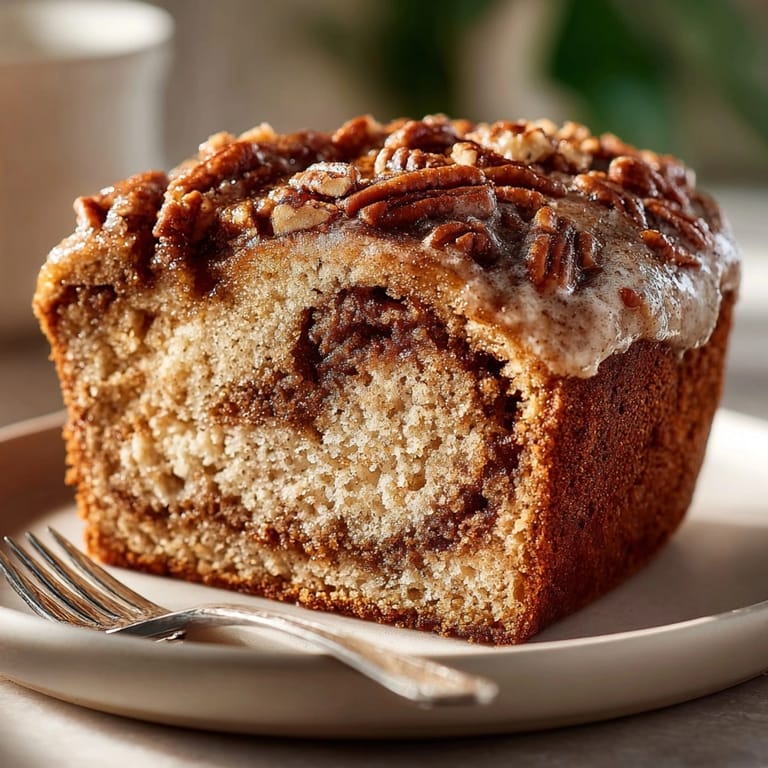 Close-up of a golden-brown Spiced Maple Pecan Cinnamon Swirl Bread with visible pecans in the swirl.