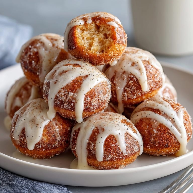 Freshly fried Cinnamon Chai Donut Holes, with a glossy vanilla glaze, offering a delightful aroma and satisfying texture.