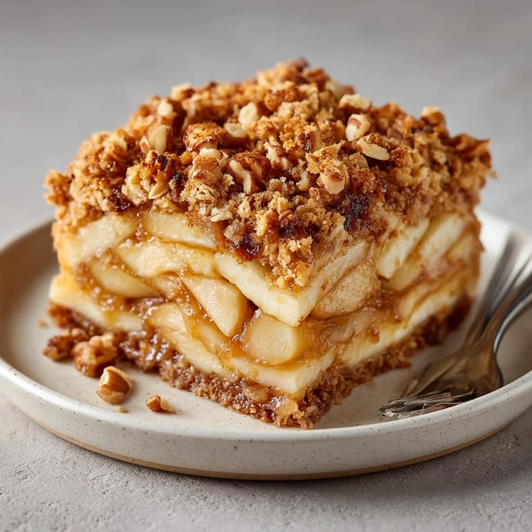 Golden-brown Warm Ginger-Cinnamon Pear Crumble, a comforting baked dish served warm with vanilla ice cream.