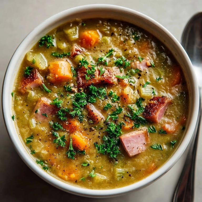 Ladle of thick, creamy Split Pea Soup with Ham; ready to warm up a chilly winter evening.