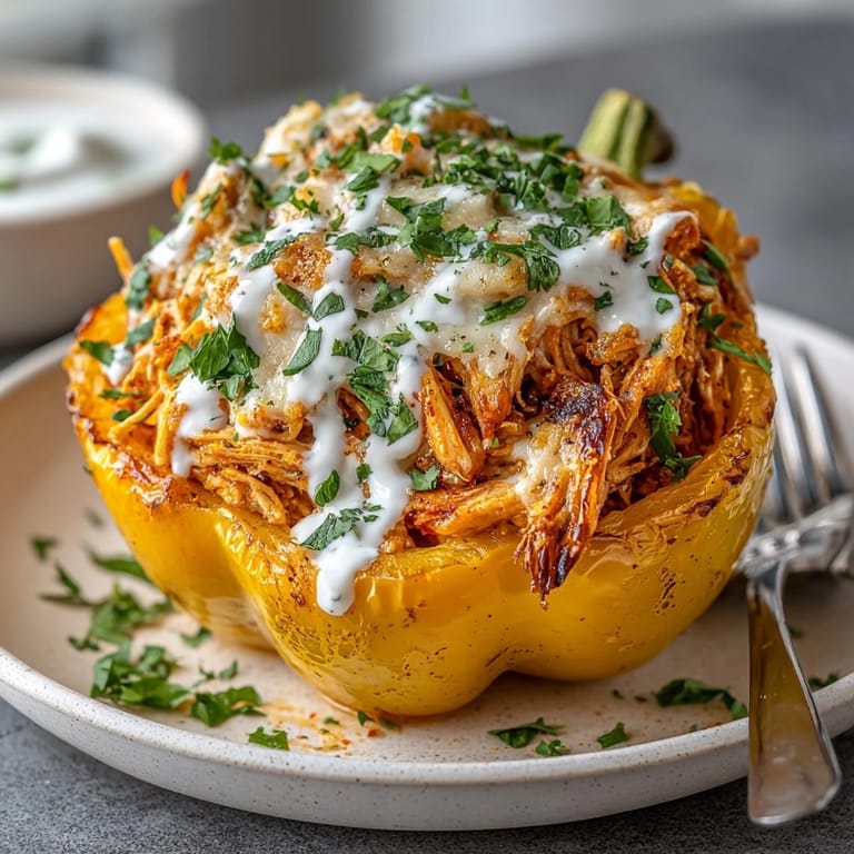 Golden-brown, cheesy buffalo chicken stuffed peppers, filled with a spicy and flavorful chicken filling.