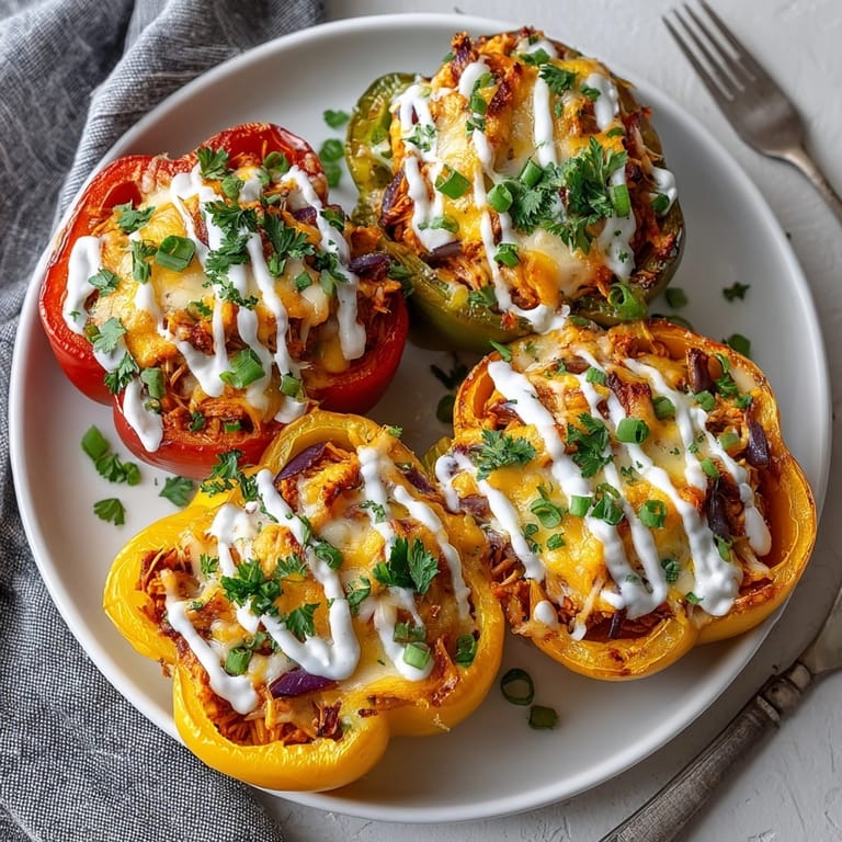 Enjoy these hearty buffalo chicken stuffed peppers, a gluten-free main course, perfect with ranch drizzled on top.