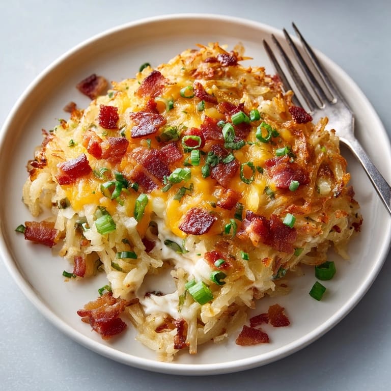 Delicious Bacon Hash Brown Casserole with melted cheddar, fragrant spices, and crispy bacon pieces.