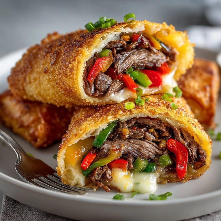 A close-up shows melted cheese oozing from a freshly fried Philly cheesesteak egg roll.