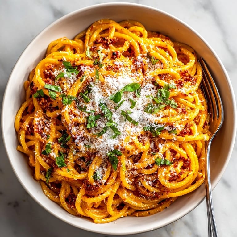 Tantalizing Roasted Red Pepper Pasta, the vibrant dish topped with smoky paprika oil and cheese shavings.