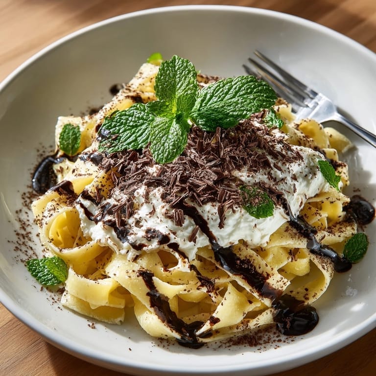 A close-up view of flavorful tiramisu pasta, a unique dish topped with grated dark chocolate, ready to serve.
