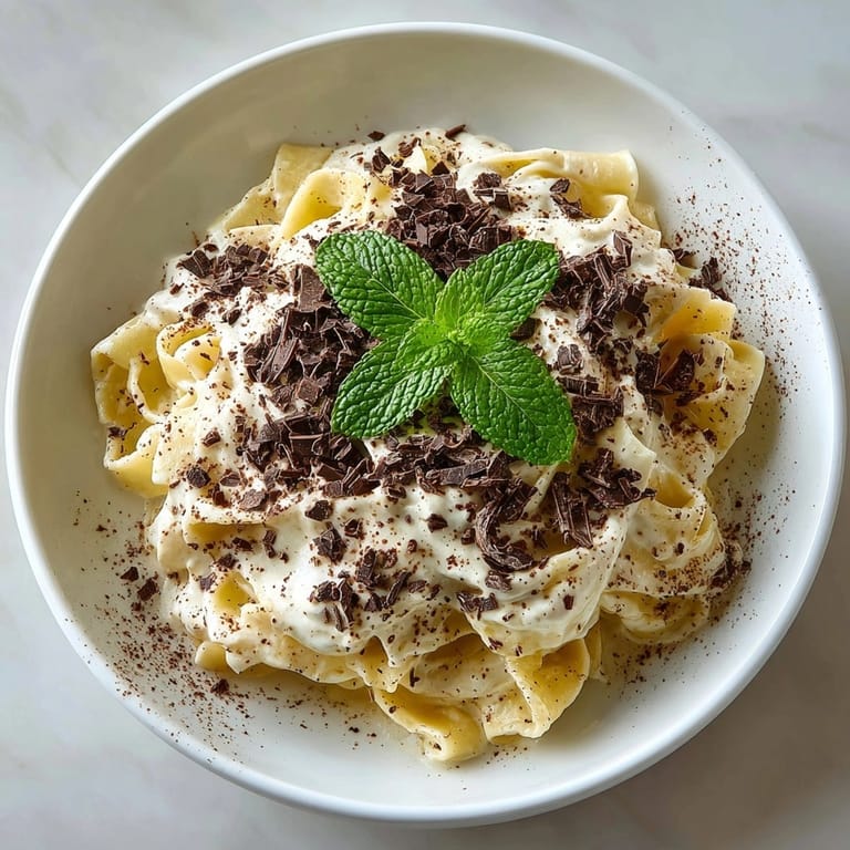 Freshly prepared tiramisu pasta, a tempting Italian-inspired dish, complete with a creamy coffee sauce.