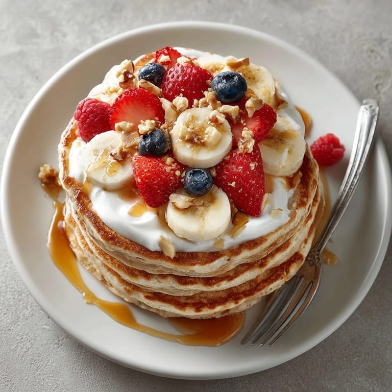 Thick, high-protein pancake stack served warm with Greek yogurt and sliced bananas on top.