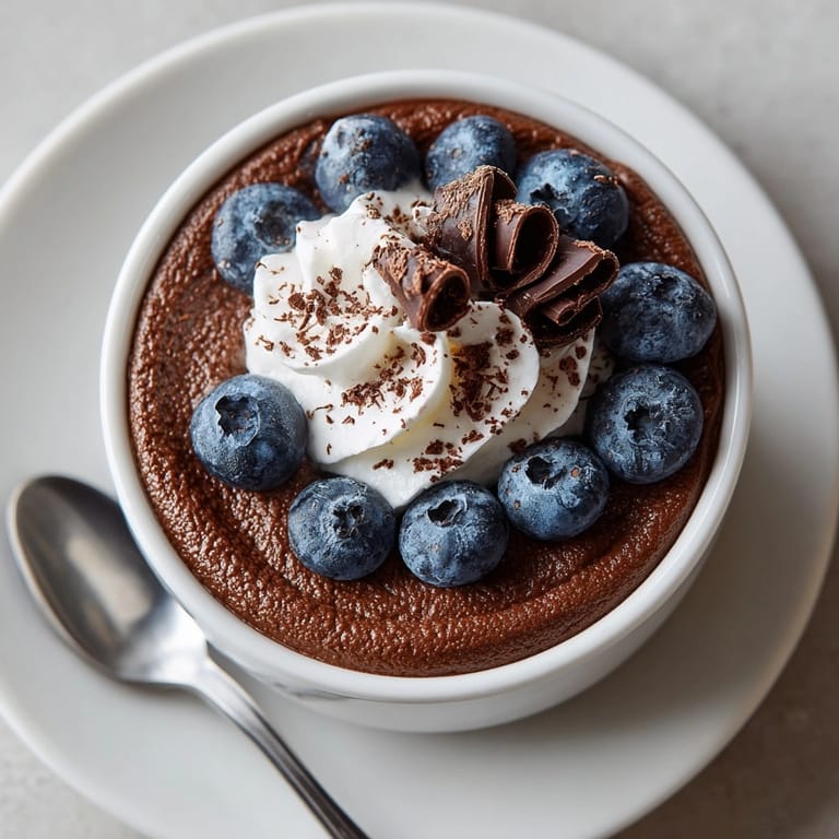 Rich chocolate avocado pudding in dessert glasses, creamy texture highlighted by chopped nuts and a sprig of mint.