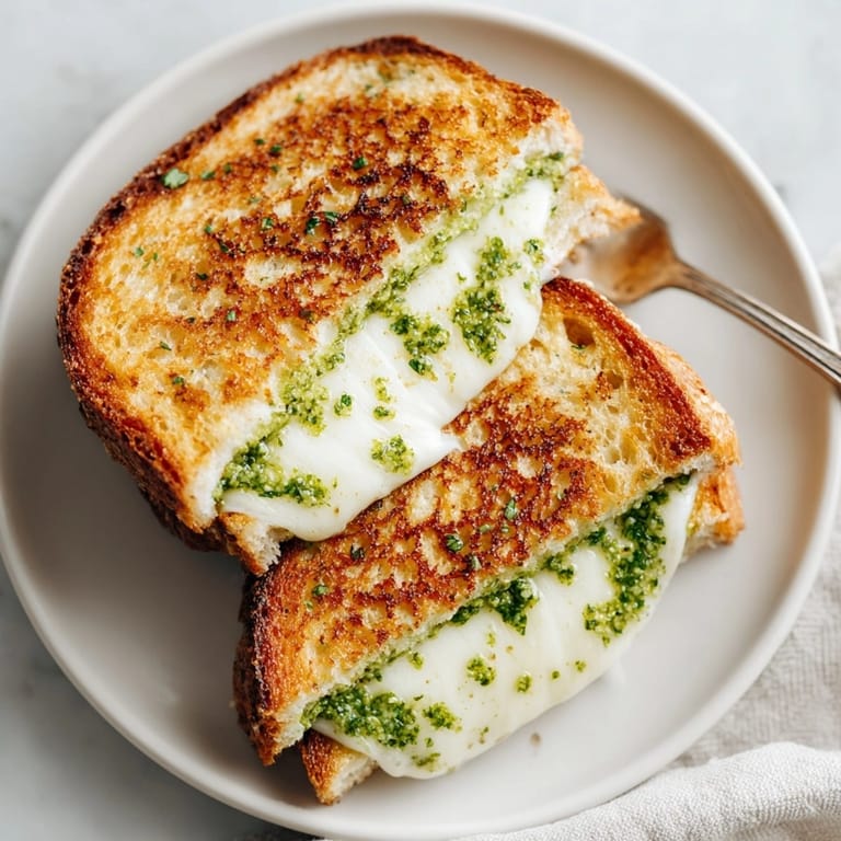 Melted mozzarella oozing from Grilled Cheese with Pesto and Mozzarella, served fresh for a cozy lunch.