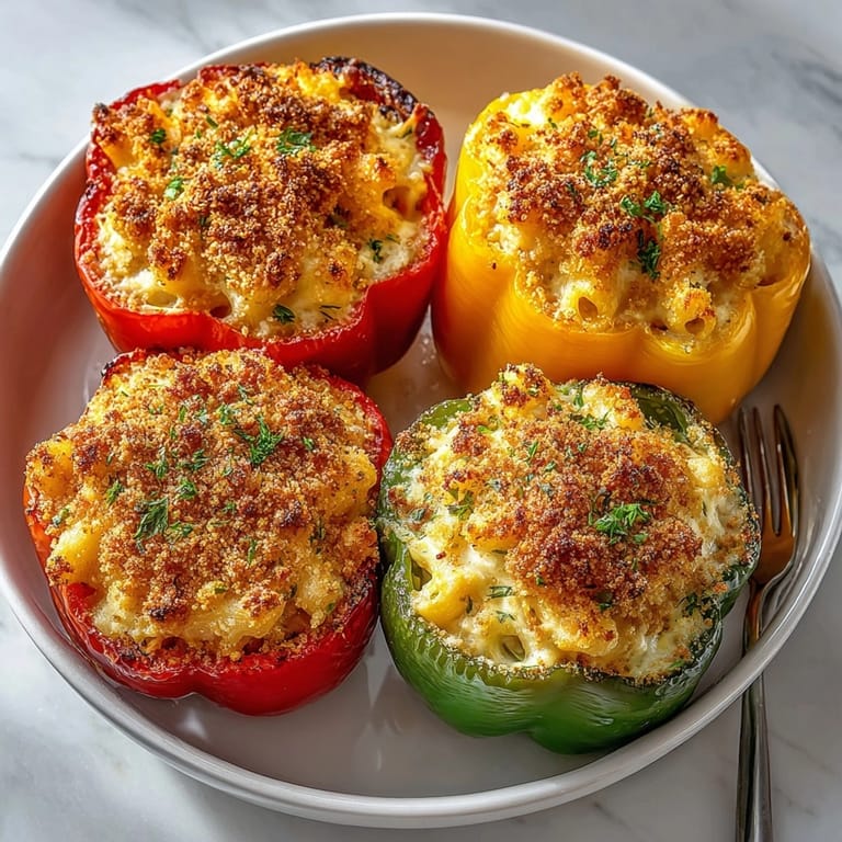 Cheesy macaroni filling nestled inside vibrant roasted bell peppers, a comforting mac and cheese stuffed peppers recipe.