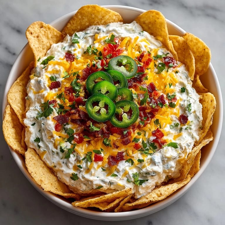 Colorful Boat Dip (Rotel Ranch Dip) in a bowl, garnished with jalapeños and fresh cilantro.