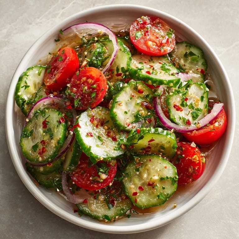 Bowl of Marinated Cucumbers, Onions, and Tomatoes served chilled, perfect for summer picnic side dish.