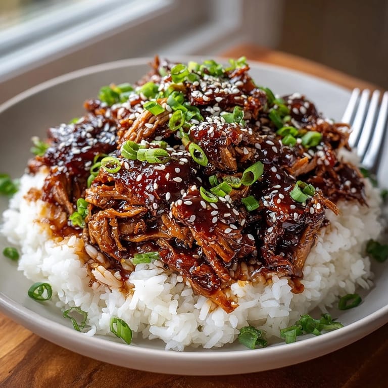 Shredded Easy Crockpot Teriyaki Chicken topped with fresh green onions and sesame seeds on white rice.