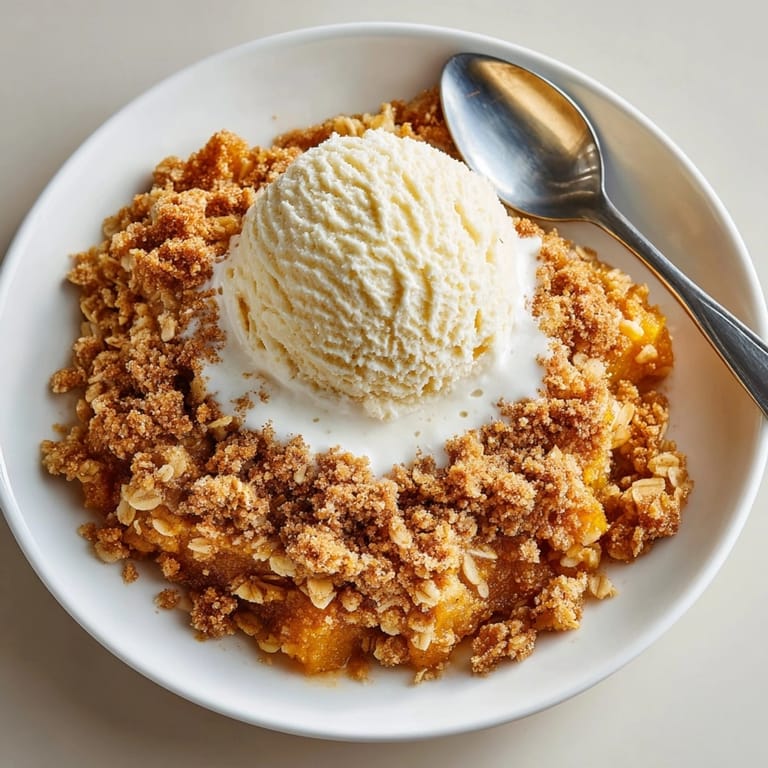 Warm pumpkin crisp with creamy pumpkin pie filling and buttery streusel served in a rustic skillet.