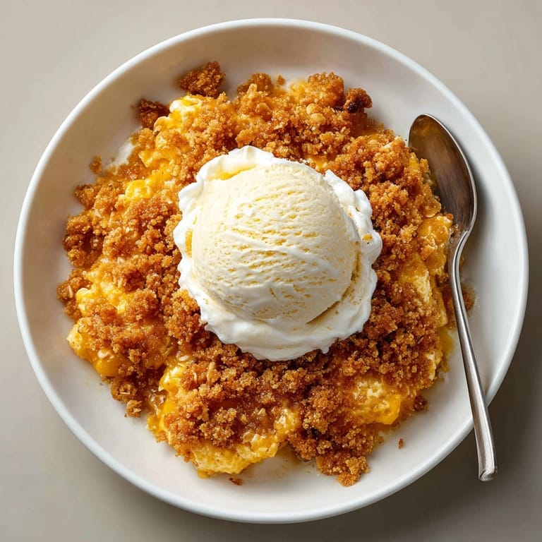 Closeup of pumpkin crisp recipe showing crumbly topping and creamy pumpkin base, perfect for fall gatherings.