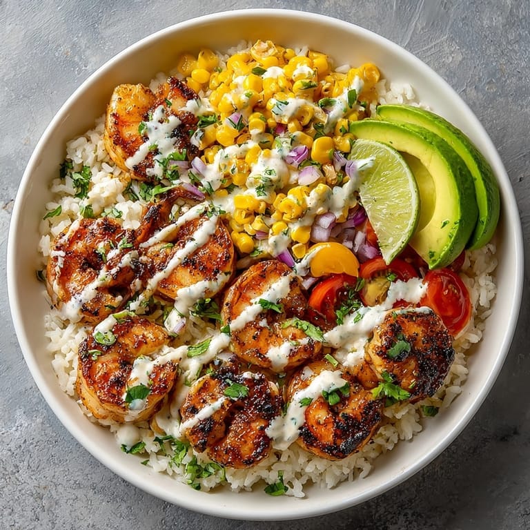 Freshly assembled grilled shrimp bowl with avocado slices, vibrant corn salsa, and tangy creamy sauce.