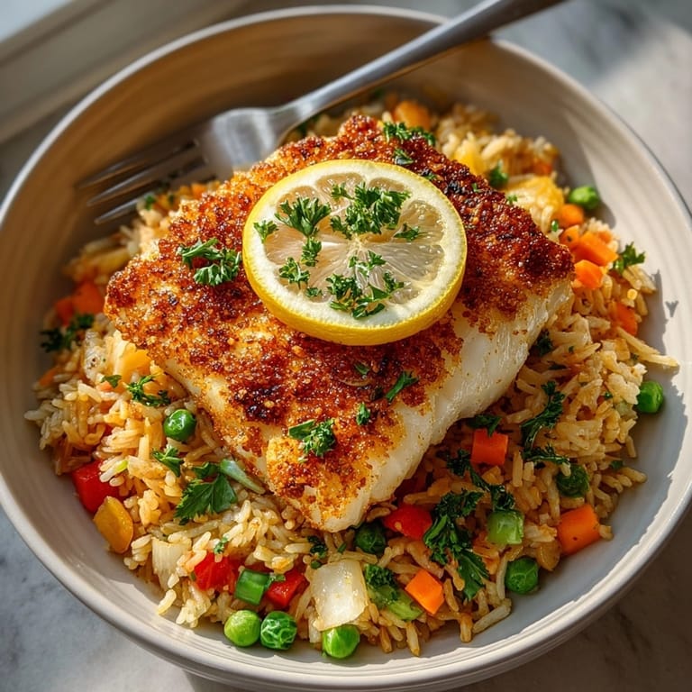 Serving suggestion: A perfectly plated dish of flavorful Cajun Baked Cod and rice.