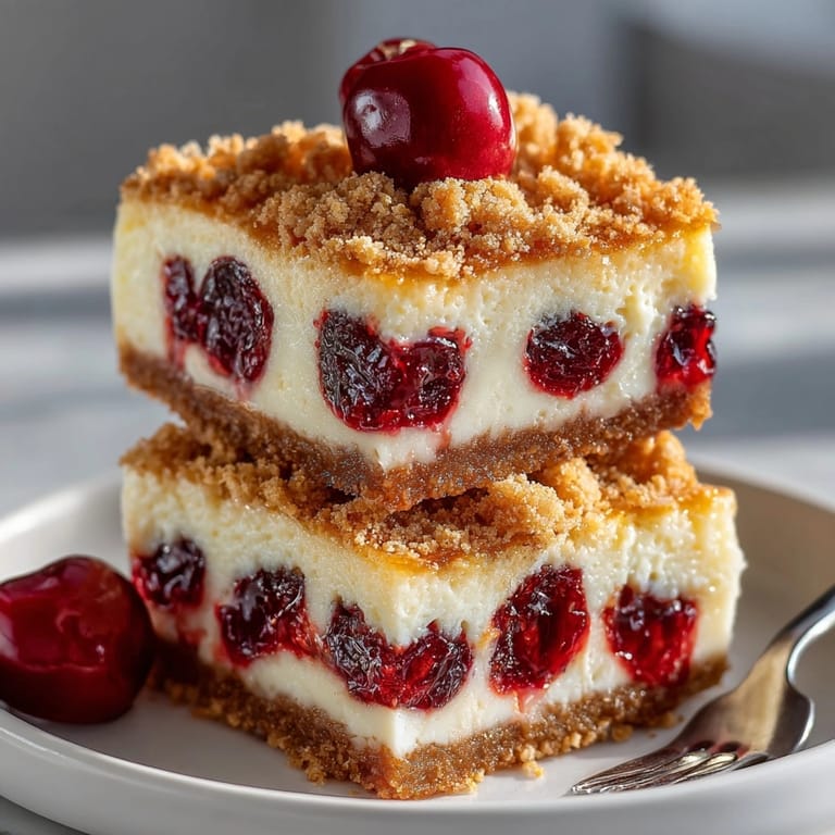 Close-up of Ricotta Cherry Delight Bars: flaky crust, juicy cherries, and crumbly topping.