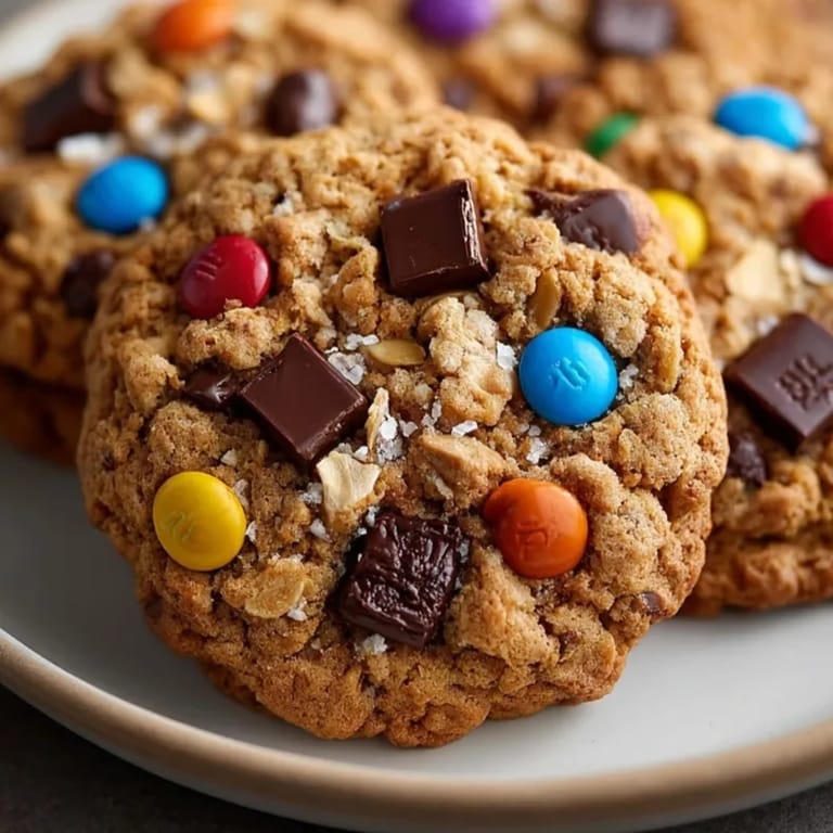 Warm, chewy Gluten-Free Monster Cookies with rich chocolate and peanut butter aroma rising.