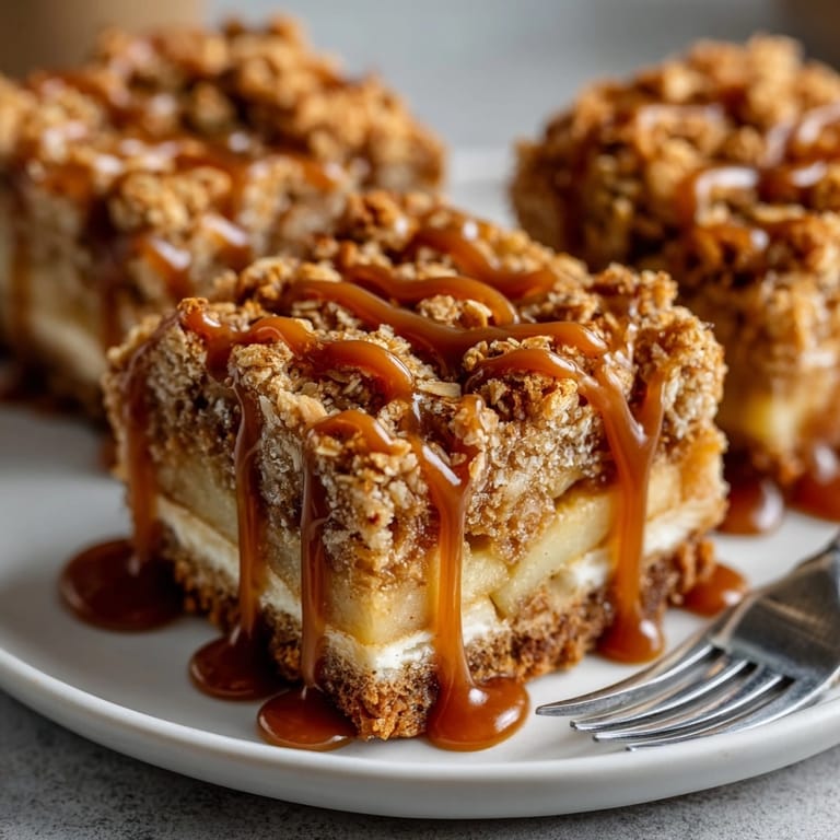 Imagine sweet, cinnamon Salted Caramel Apple Crisp Bars, perfect snack with vanilla ice cream.